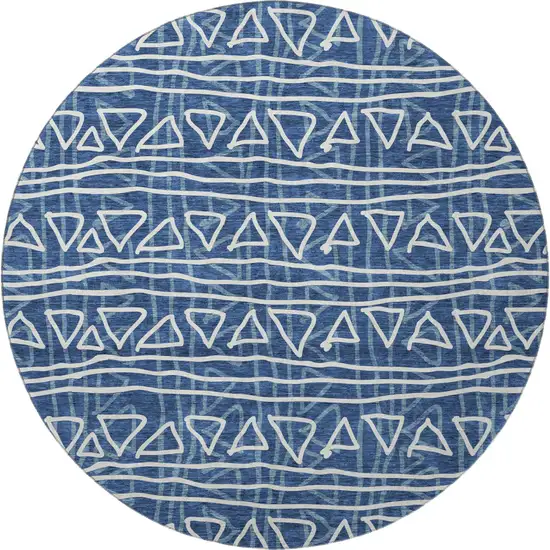 8' Navy Blue And Ivory Geometric Washable Round Rug With UV Protection Photo 4