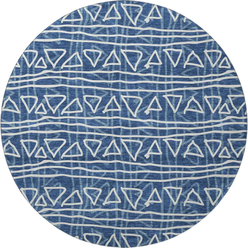 8' Navy Blue And Ivory Geometric Washable Round Rug With UV Protection Photo 4