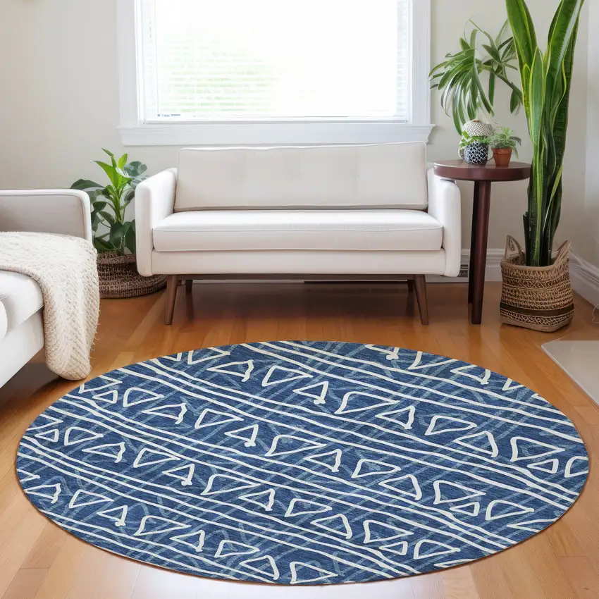 8' Navy Blue And Ivory Geometric Washable Round Rug With UV Protection Photo 5