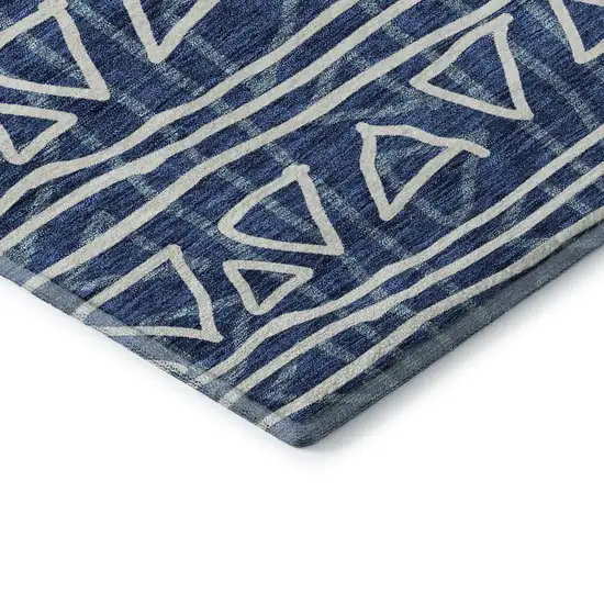 8' Navy Blue And Ivory Geometric Washable Round Rug With UV Protection Photo 7