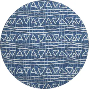 Photo of 8' Navy Blue And Ivory Geometric Washable Round Rug With UV Protection