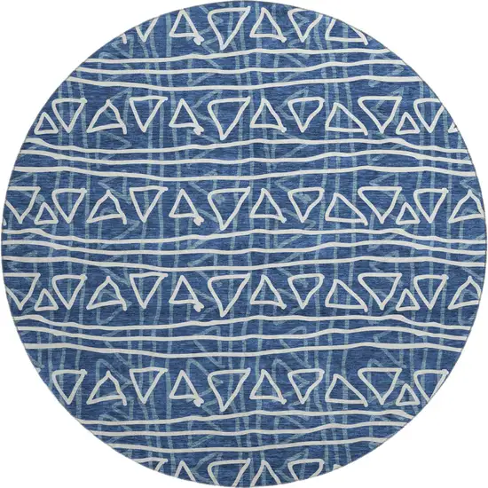 8' Navy Blue And Ivory Geometric Washable Round Rug With UV Protection Photo 1