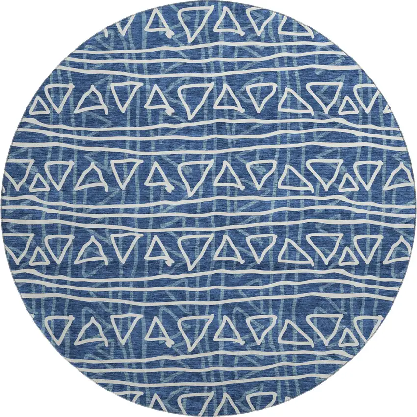 8' Navy Blue And Ivory Geometric Washable Round Rug With UV Protection Photo 1