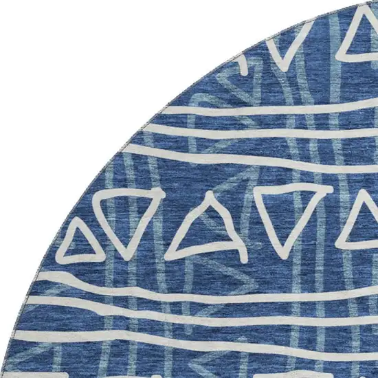 8' Navy Blue And Ivory Geometric Washable Round Rug With UV Protection Photo 3