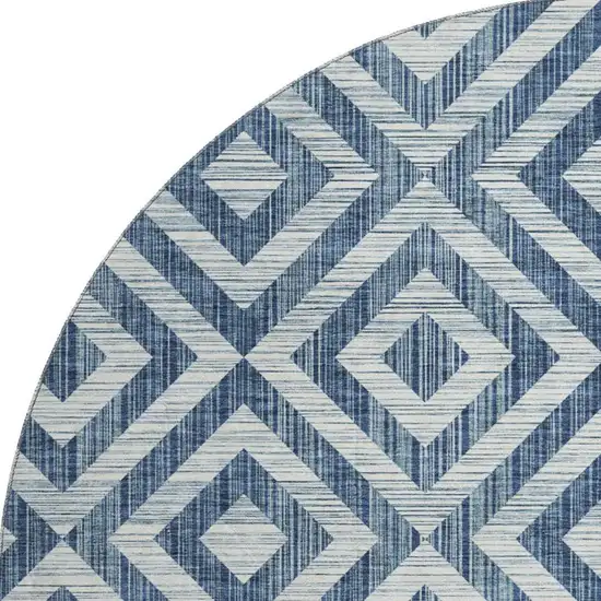 8' Navy Blue And Ivory Geometric Washable Round Rug With UV Protection Photo 3