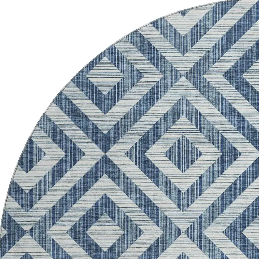 8' Navy Blue And Ivory Geometric Washable Round Rug With UV Protection Photo 3