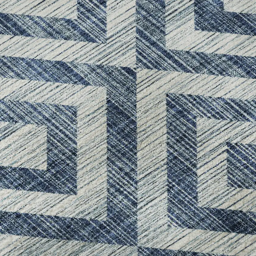 8' Navy Blue And Ivory Geometric Washable Round Rug With UV Protection Photo 9