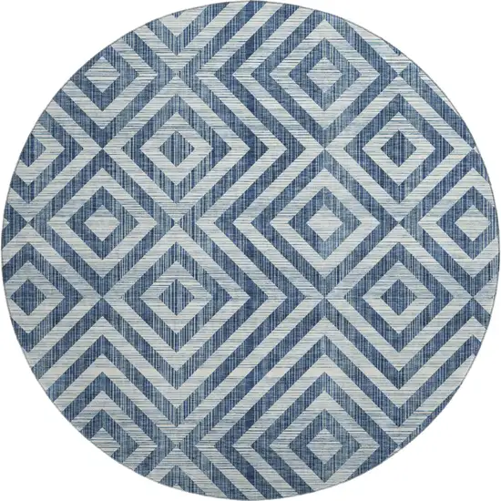 8' Navy Blue And Ivory Geometric Washable Round Rug With UV Protection Photo 1