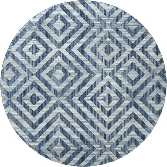 8' Navy Blue And Ivory Geometric Washable Round Rug With UV Protection Photo 4