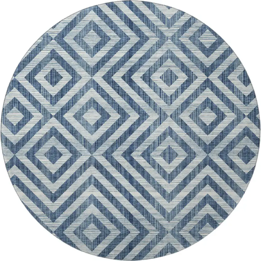 8' Navy Blue And Ivory Geometric Washable Round Rug With UV Protection Photo 4