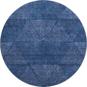 Photo of 8' Navy Blue And Ivory Geometric Washable Round Rug With UV Protection
