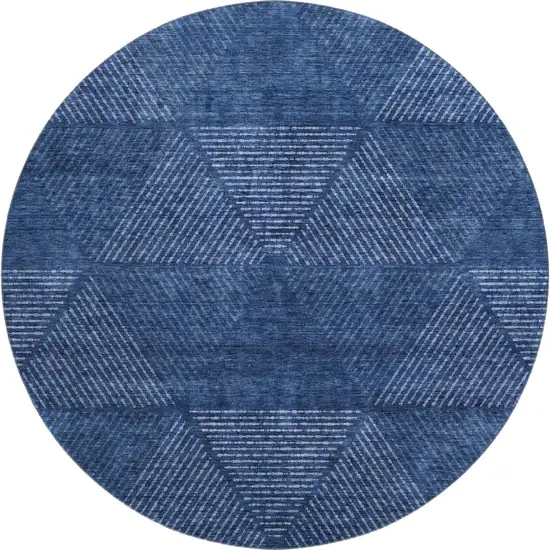 8' Navy Blue And Ivory Geometric Washable Round Rug With UV Protection Photo 1