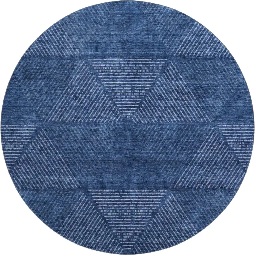8' Navy Blue And Ivory Geometric Washable Round Rug With UV Protection Photo 1