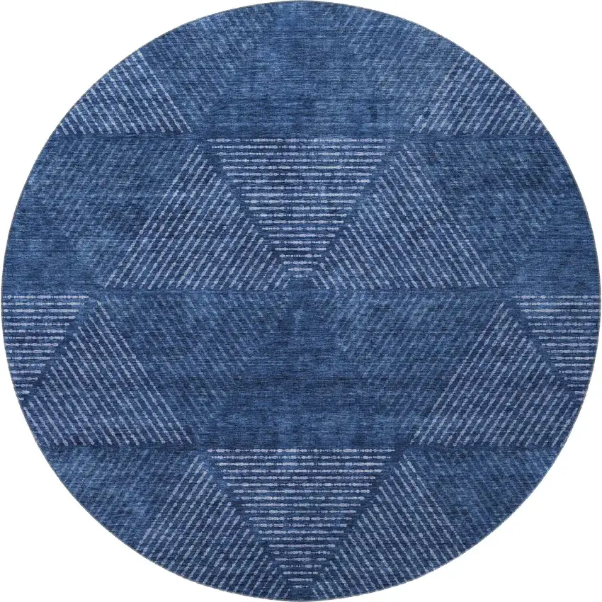 8' Navy Blue And Ivory Geometric Washable Round Rug With UV Protection Photo 4