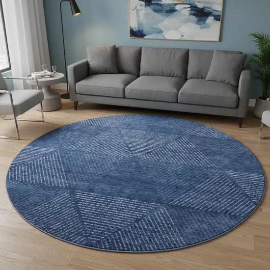 8' Navy Blue And Ivory Geometric Washable Round Rug With UV Protection Photo 2