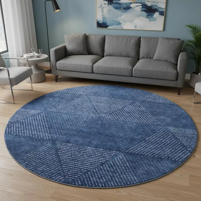 8' Navy Blue And Ivory Geometric Washable Round Rug With UV Protection Photo 2