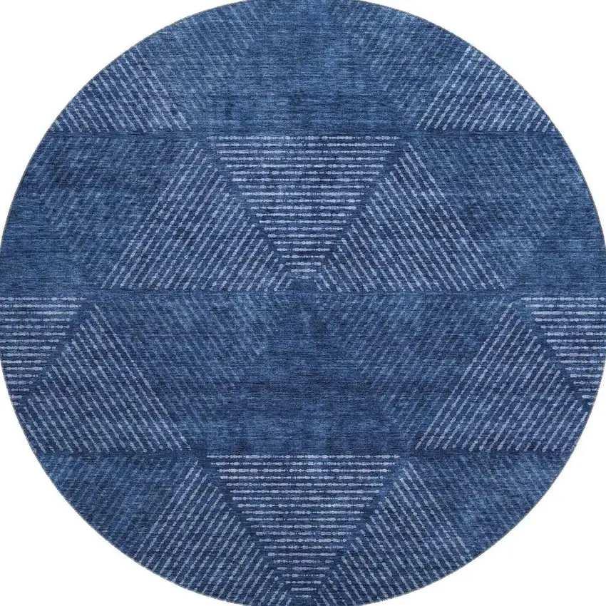 8' Navy Blue And Ivory Geometric Washable Round Rug With UV Protection Photo 3