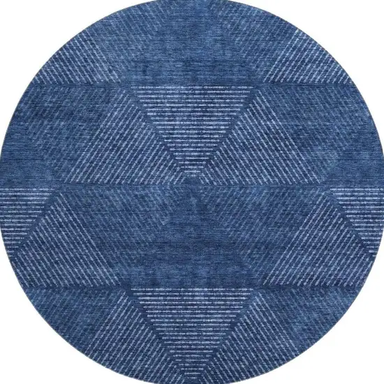 8' Navy Blue And Ivory Geometric Washable Round Rug With UV Protection Photo 3