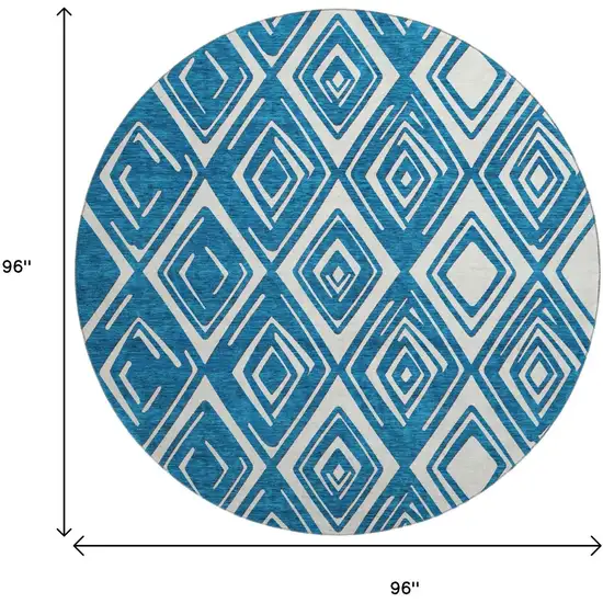 8' Navy Blue And Ivory Geometric Washable Round Rug With UV Protection Photo 3