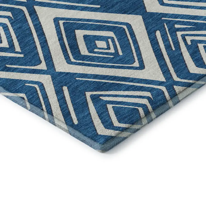 8' Navy Blue And Ivory Geometric Washable Round Rug With UV Protection Photo 8