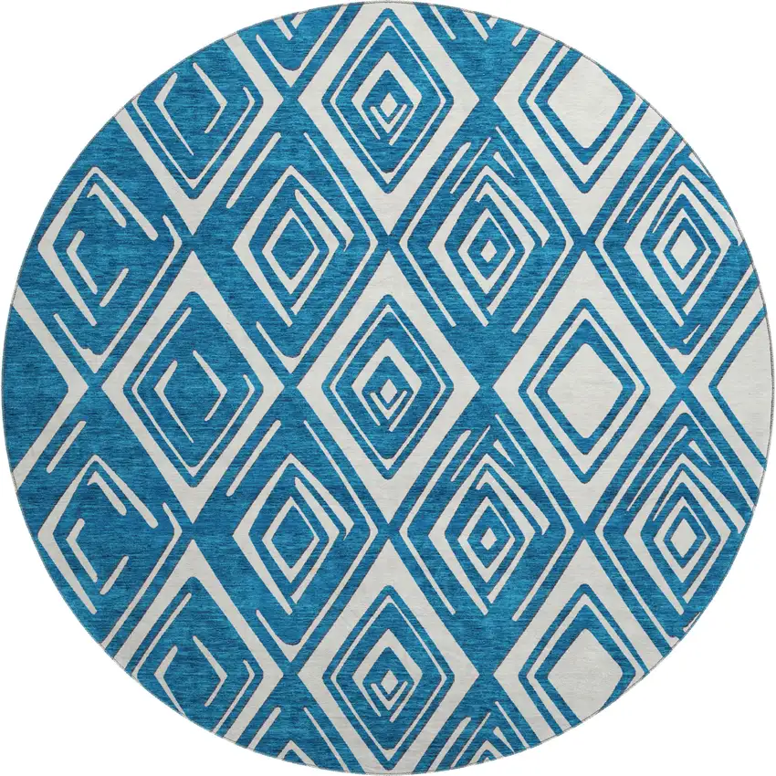 8' Navy Blue And Ivory Geometric Washable Round Rug With UV Protection Photo 2