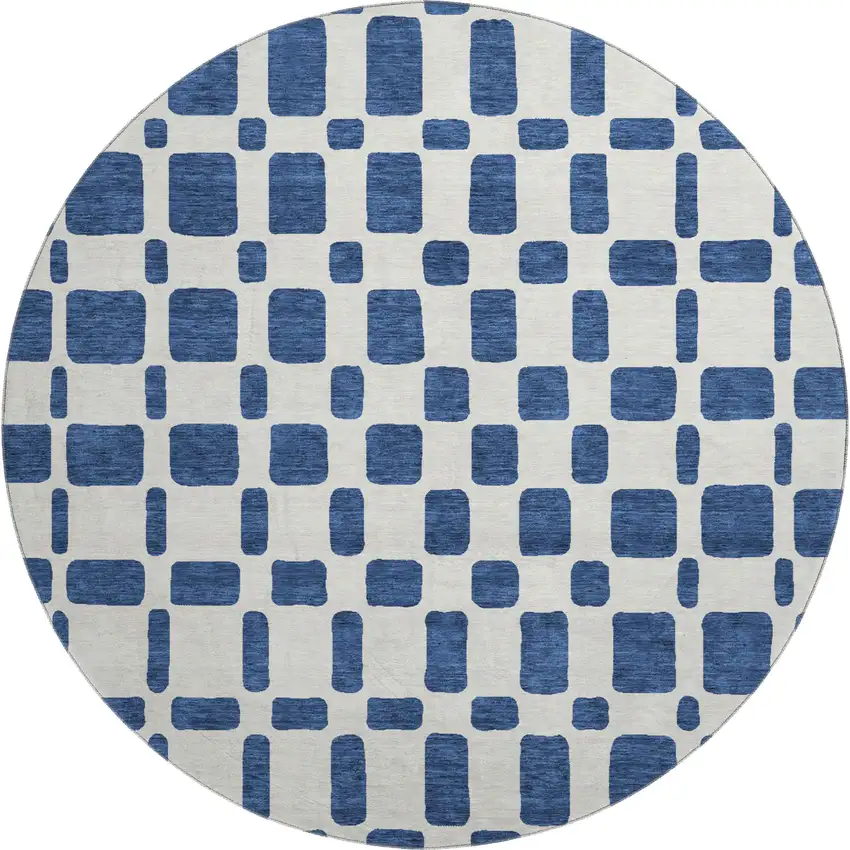 8' Navy Blue And Ivory Geometric Washable Round Rug With UV Protection Photo 1