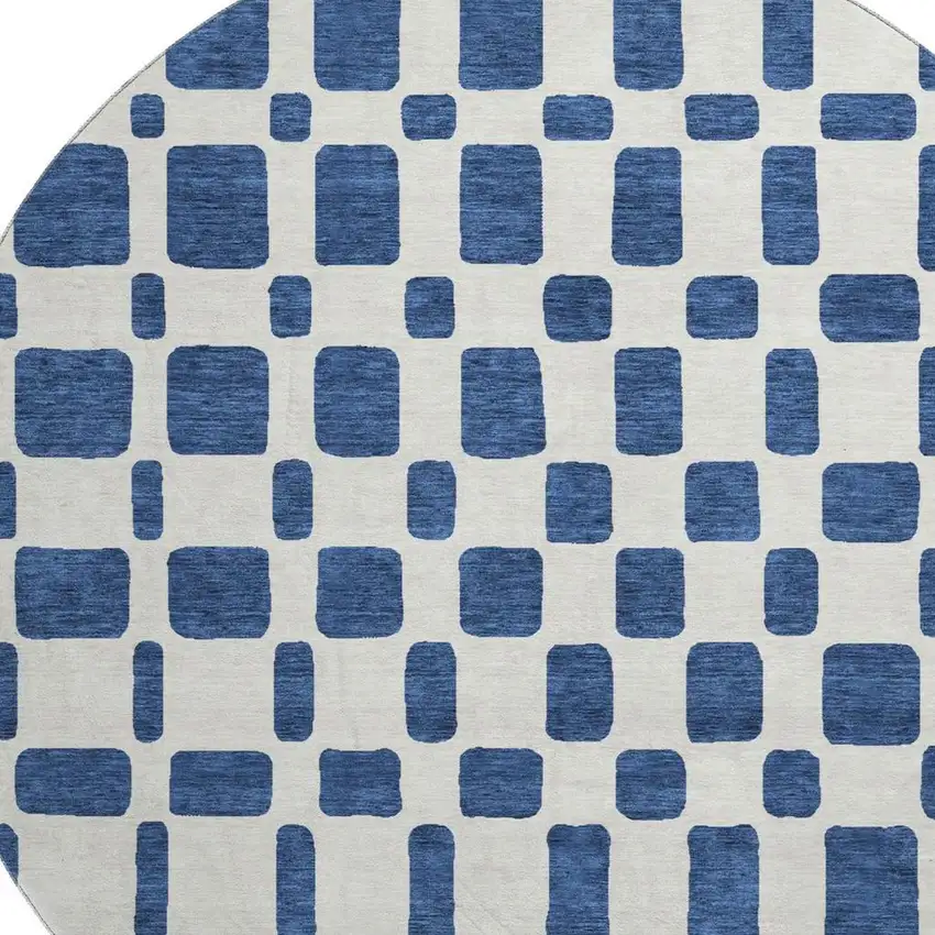 8' Navy Blue And Ivory Geometric Washable Round Rug With UV Protection Photo 3
