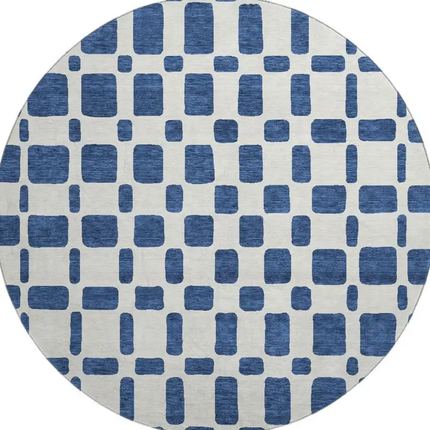 8' Navy Blue And Ivory Geometric Washable Round Rug With UV Protection Photo 4