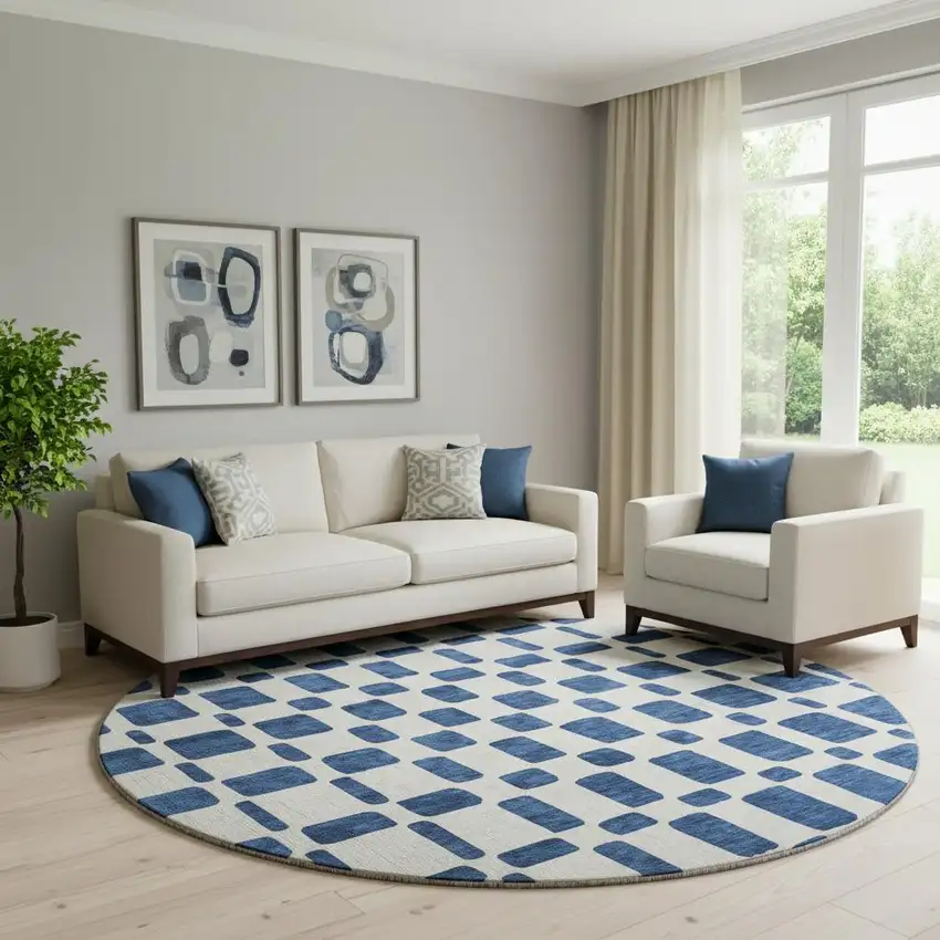 8' Navy Blue And Ivory Geometric Washable Round Rug With UV Protection Photo 1