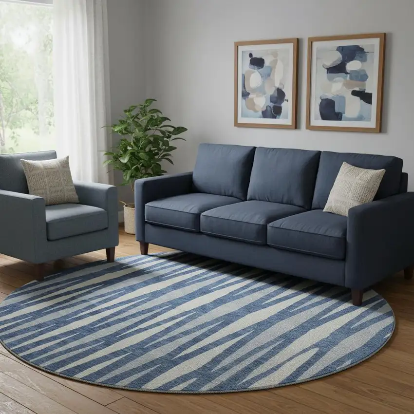 8' Navy Blue And Ivory Geometric Washable Round Rug With UV Protection Photo 1