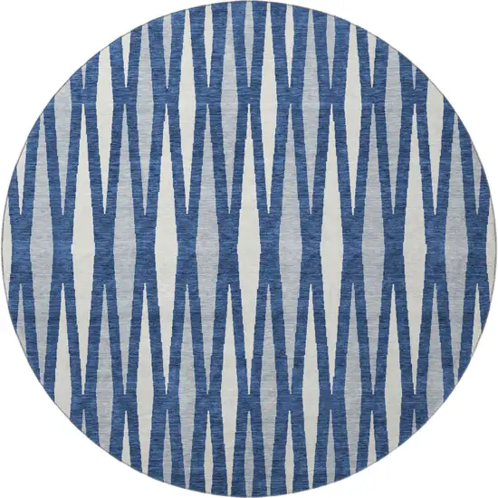 8' Navy Blue And Ivory Geometric Washable Round Rug With UV Protection Photo 4