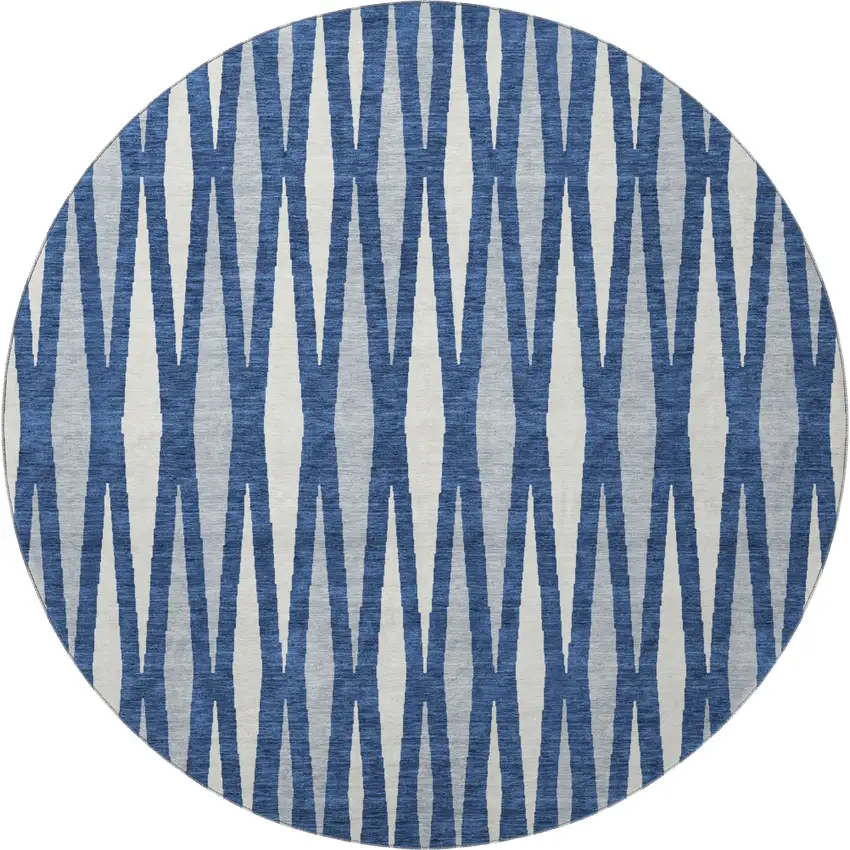 8' Navy Blue And Ivory Geometric Washable Round Rug With UV Protection Photo 4