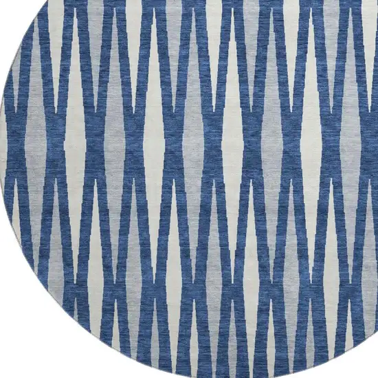 8' Navy Blue And Ivory Geometric Washable Round Rug With UV Protection Photo 3