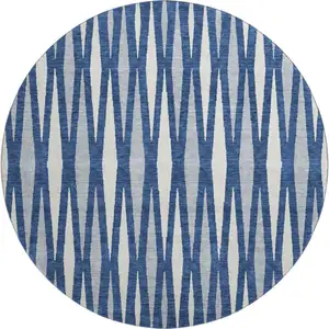 Photo of 8' Navy Blue And Ivory Geometric Washable Round Rug With UV Protection