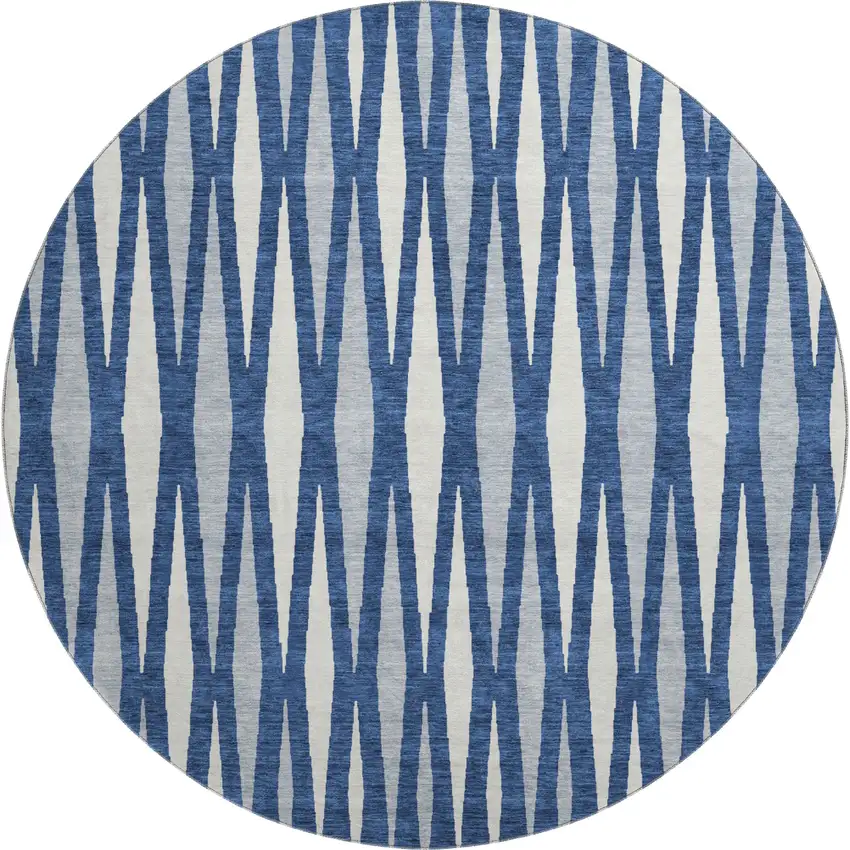 8' Navy Blue And Ivory Geometric Washable Round Rug With UV Protection Photo 1