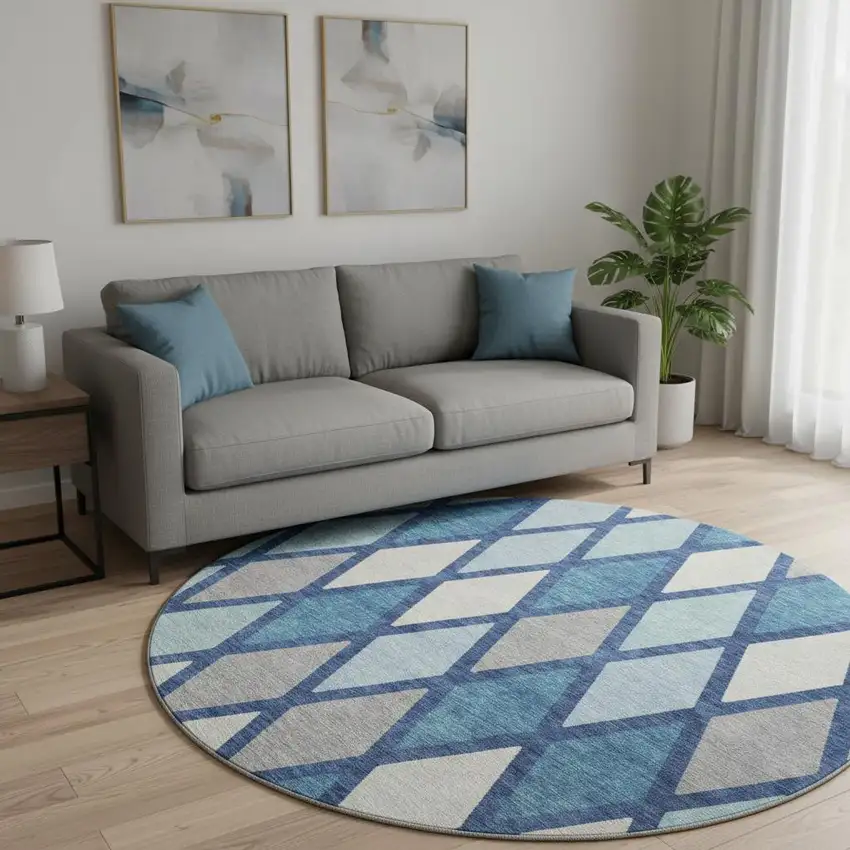 8' Navy Blue And Ivory Geometric Washable Round Rug With UV Protection Photo 2