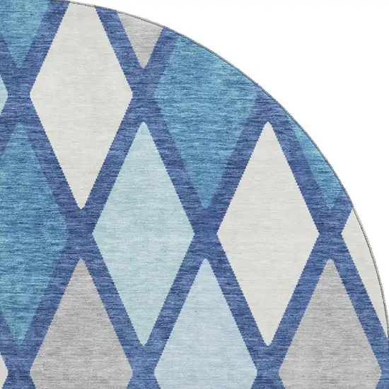8' Navy Blue And Ivory Geometric Washable Round Rug With UV Protection Photo 3