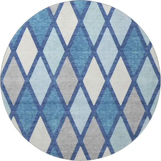 8' Navy Blue And Ivory Geometric Washable Round Rug With UV Protection Photo 4