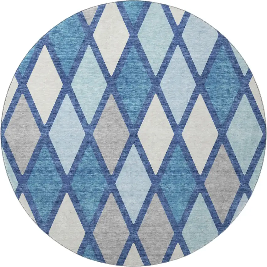 8' Navy Blue And Ivory Geometric Washable Round Rug With UV Protection Photo 4