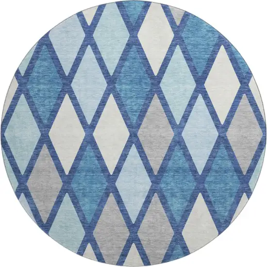 8' Navy Blue And Ivory Geometric Washable Round Rug With UV Protection Photo 1