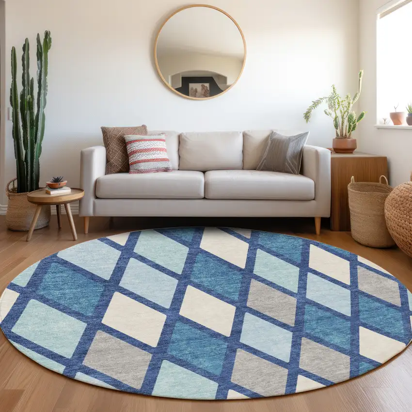 8' Navy Blue And Ivory Geometric Washable Round Rug With UV Protection Photo 5