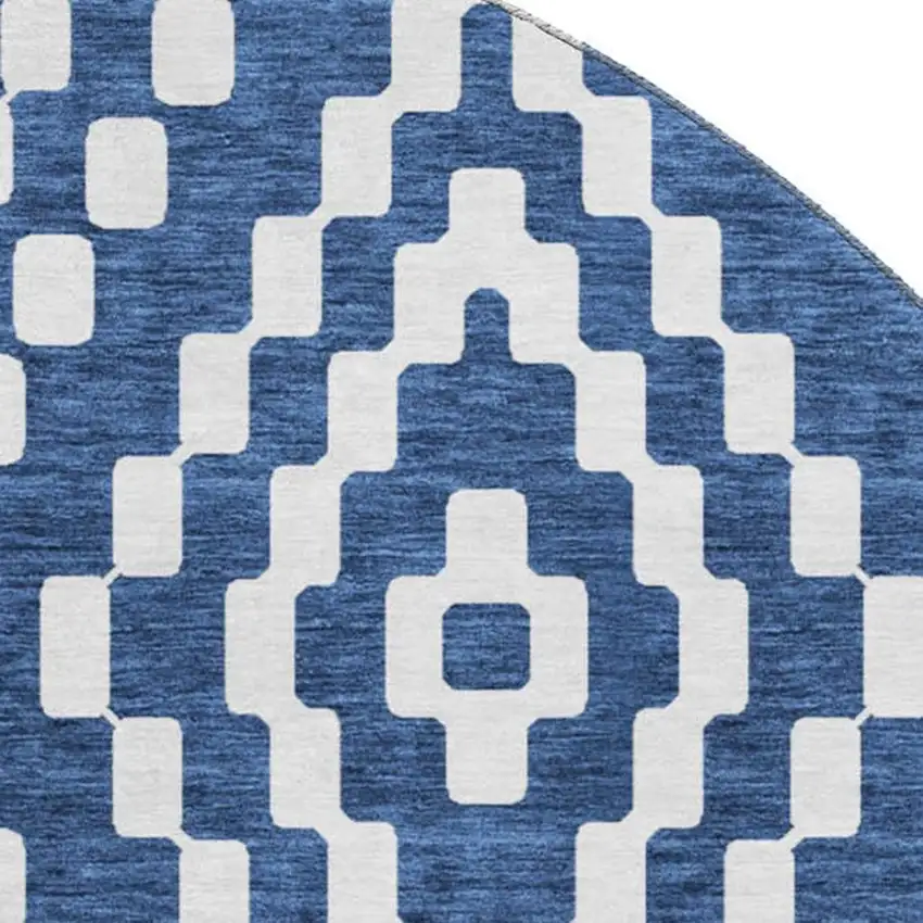 8' Navy Blue And Ivory Geometric Washable Round Rug With UV Protection Photo 4