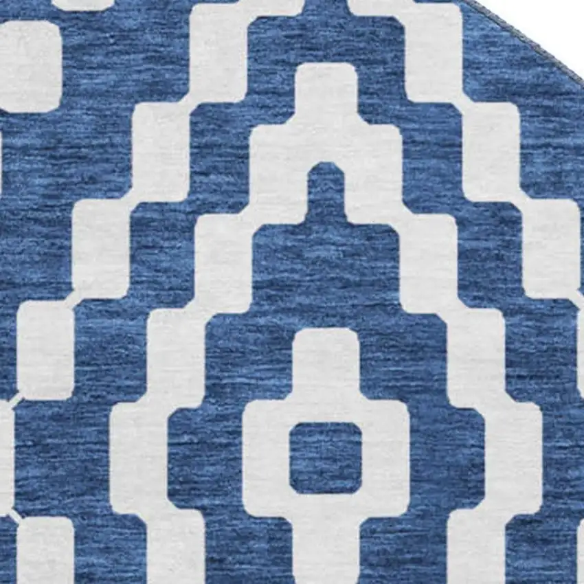 8' Navy Blue And Ivory Geometric Washable Round Rug With UV Protection Photo 3
