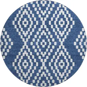 Photo of 8' Navy Blue And Ivory Geometric Washable Round Rug With UV Protection