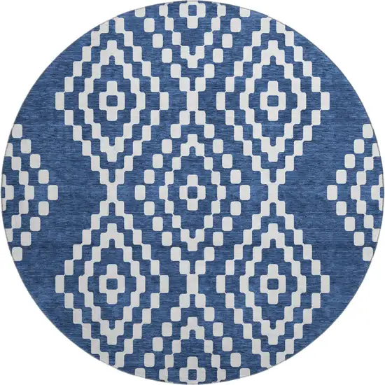 8' Navy Blue And Ivory Geometric Washable Round Rug With UV Protection Photo 1