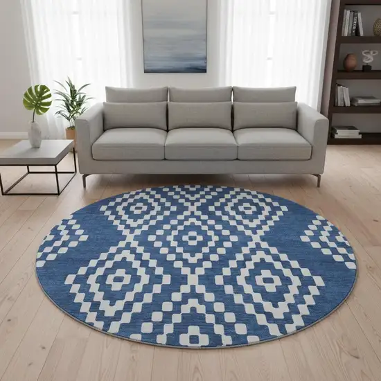 8' Navy Blue And Ivory Geometric Washable Round Rug With UV Protection Photo 2