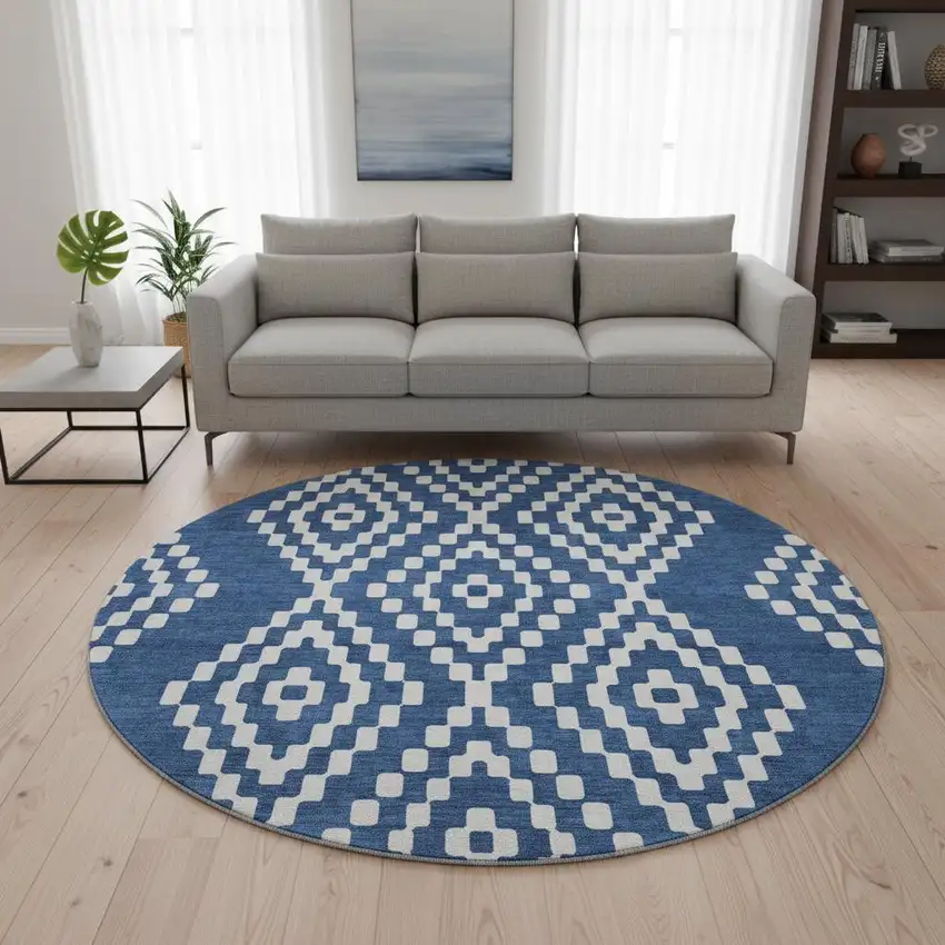 8' Navy Blue And Ivory Geometric Washable Round Rug With UV Protection Photo 2