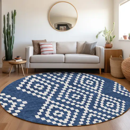 8' Navy Blue And Ivory Geometric Washable Round Rug With UV Protection Photo 5