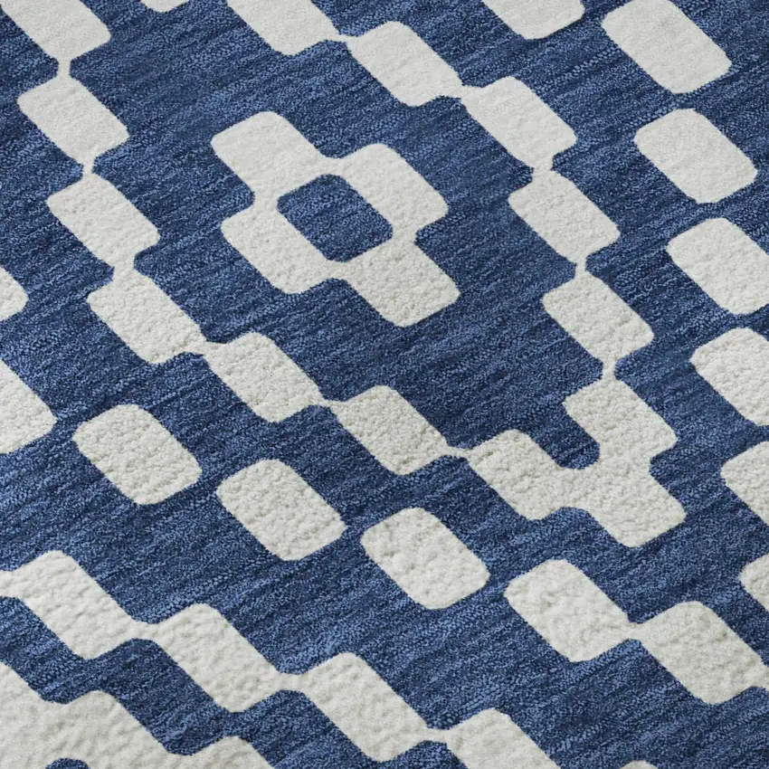 8' Navy Blue And Ivory Geometric Washable Round Rug With UV Protection Photo 9