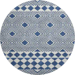 Photo of 8' Navy Blue And Ivory Geometric Washable Round Rug With UV Protection